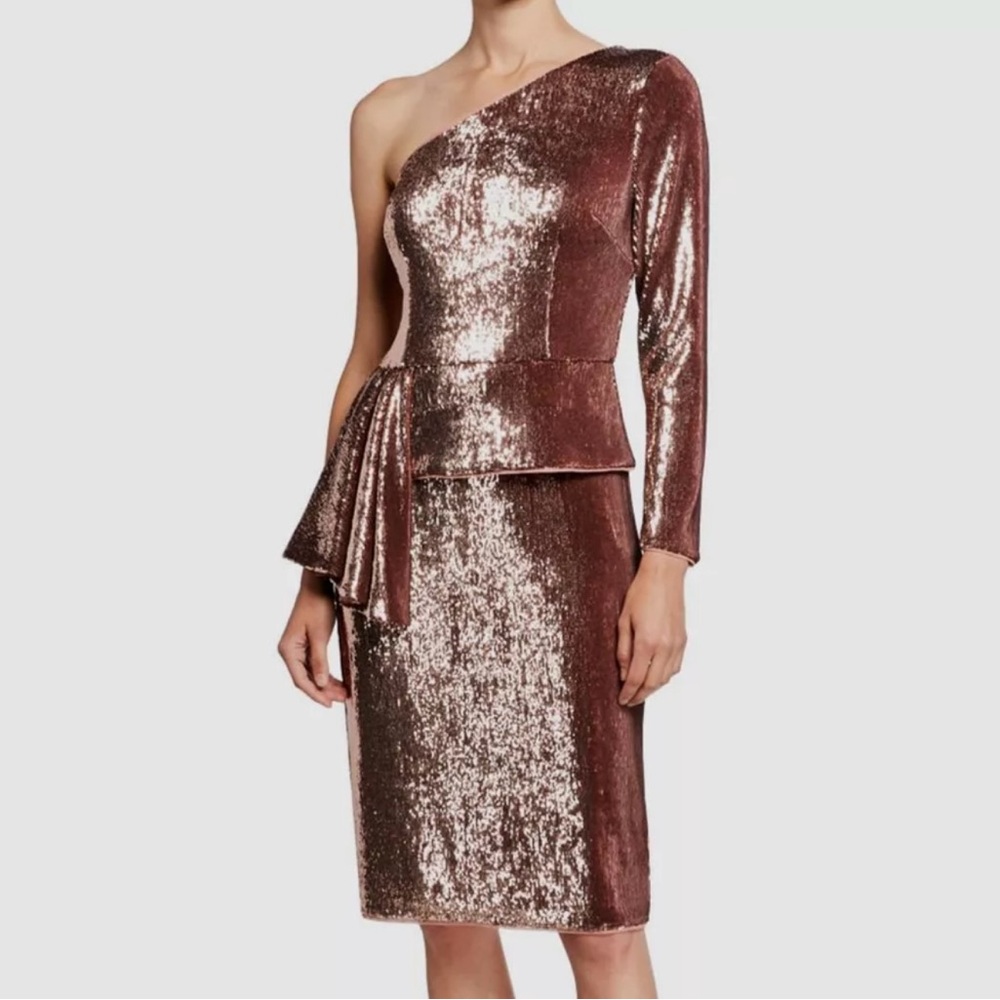 NWT Aidan Mattox Women Gold Sequin One-Shoulder Peplum Waist Shift Dress